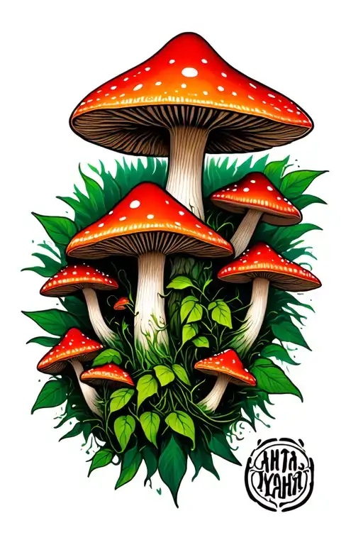 tall pointy red capped psilocybin mushrooms with ayahuasca vines tattoo design idea