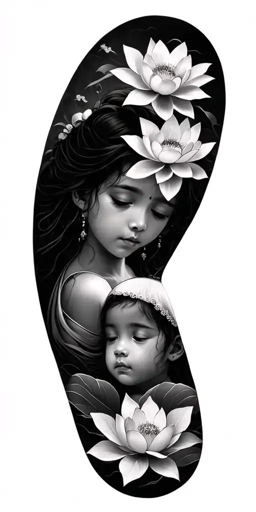 “Japanese style cuff tattoo, imposing lotus flowers with precise details, integrating the shadows of two children tattoo design idea