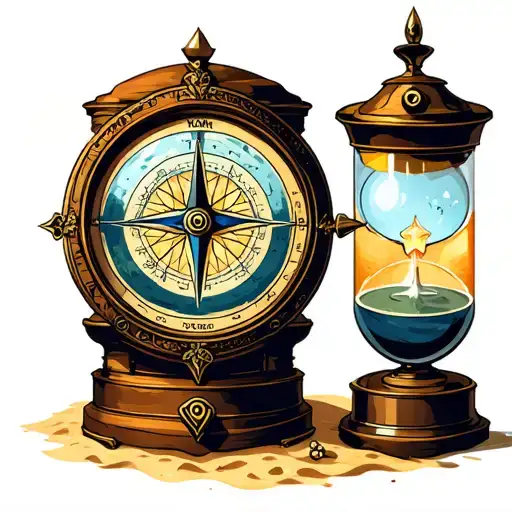 sand clock, compass, God tattoo design idea