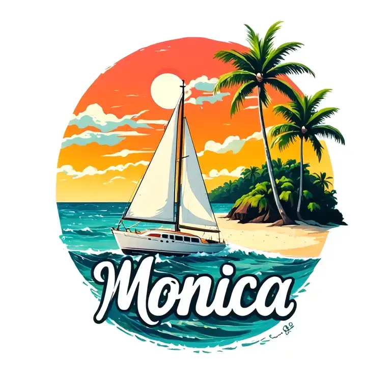 "Monica" "Monica"  "Monica" foreground white sailboat sailing away towards sunrise sky, ocean, island with palm, beach, no border tattoo design idea
