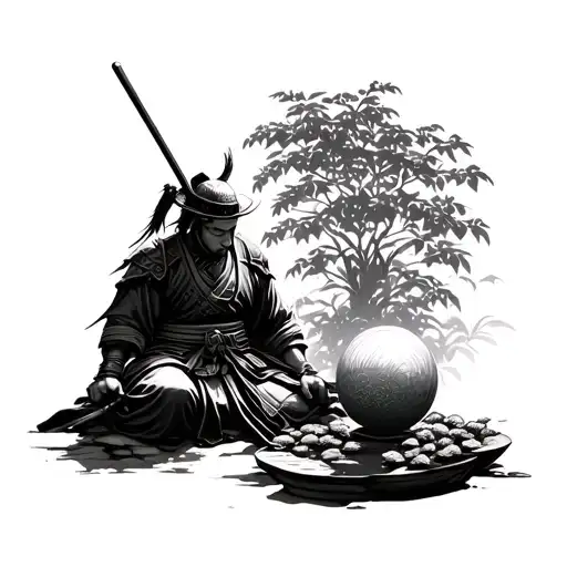 samurai warrior in a garden than a gardener in a ball sleeping tattoo design idea