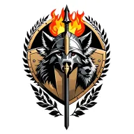 "Αρης" wolf and boar head behind hoplite shield with spear, above: hoplite helmet with laurels, fire half ring around it all tattoo design idea