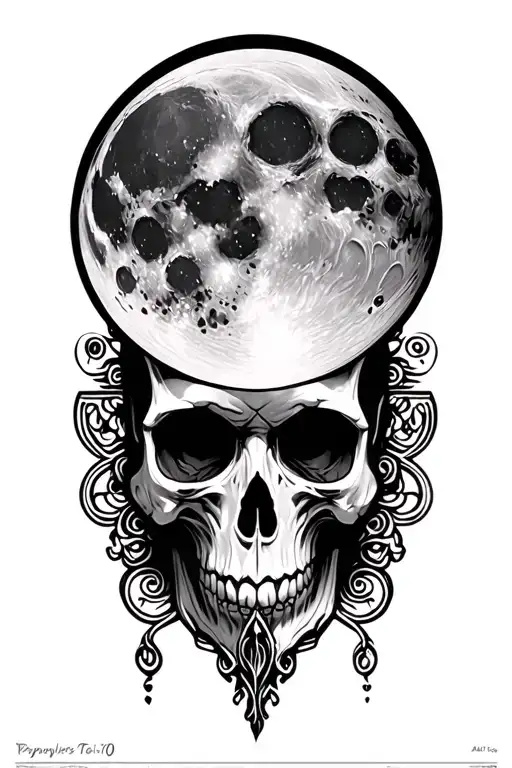 detailed moon with the face of a skull and patterns surrounding it tattoo design idea
