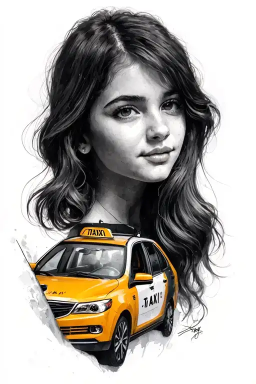 Girl with a taxi on the shoulder tattoo design idea