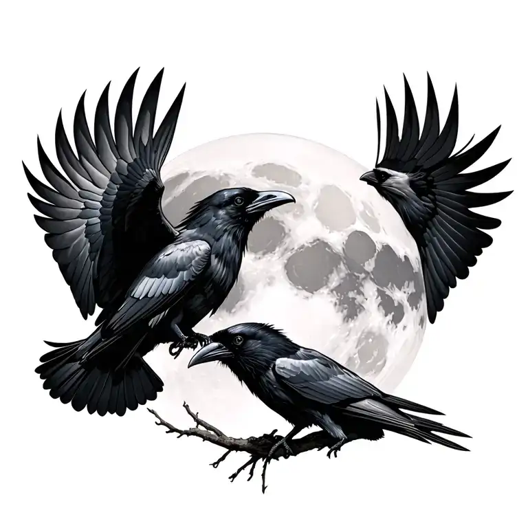 Realism style. Two Ravens, one in flight and the other fluffing its throat feathers. They are flanking a realistic moon. tattoo design idea