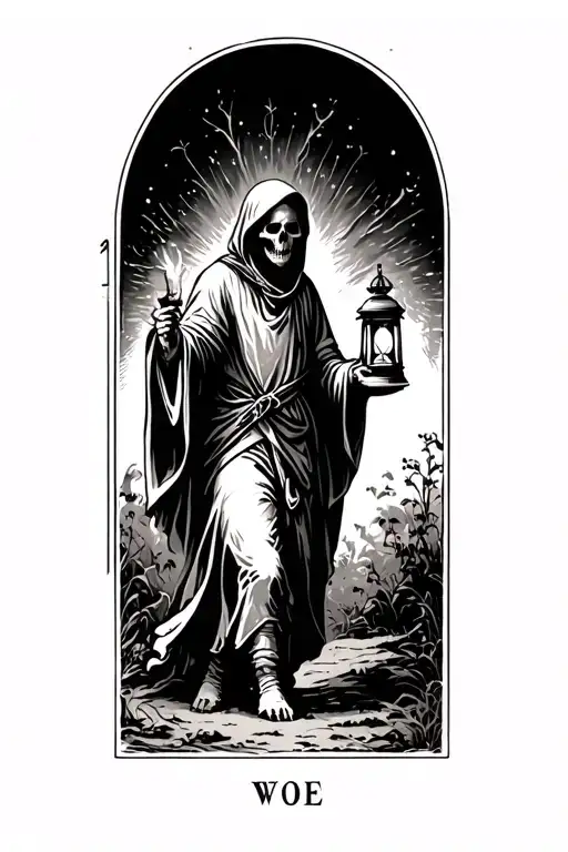 ThThe hermit tarot walking sideways in darkness holding lantern emitting light. Skull face cloaked in hood tattoo design idea