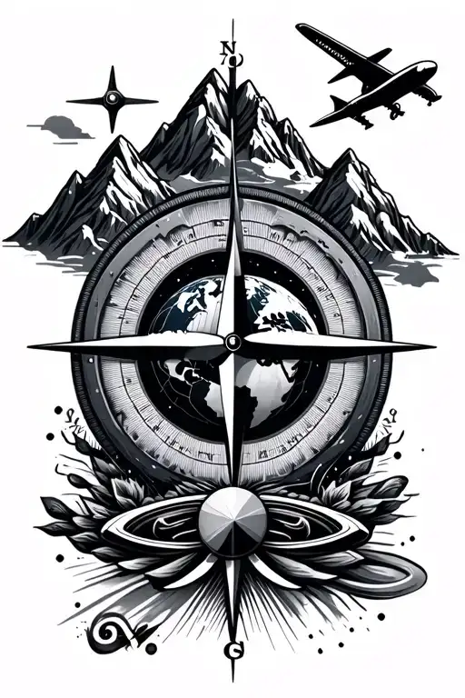 tattoo design white and black featuring compass, mountain, earth globe, world map, and airplane elements symbolizes a pa tattoo design idea