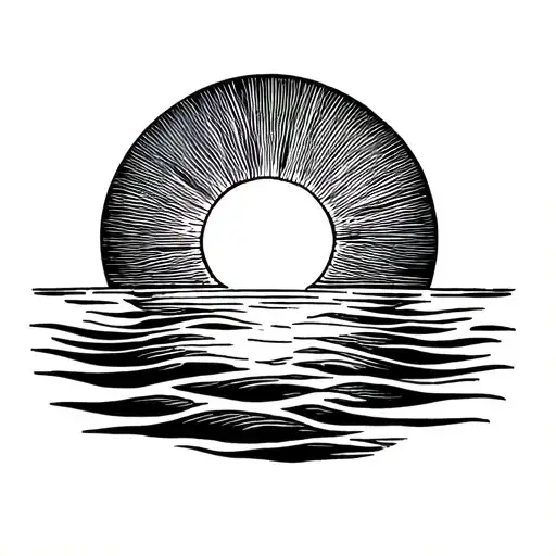 Minimal black fine line sun tattoo Dainty pretty imperfect hand drawn REALLY thin lines full circle reflection on ocean tattoo design idea