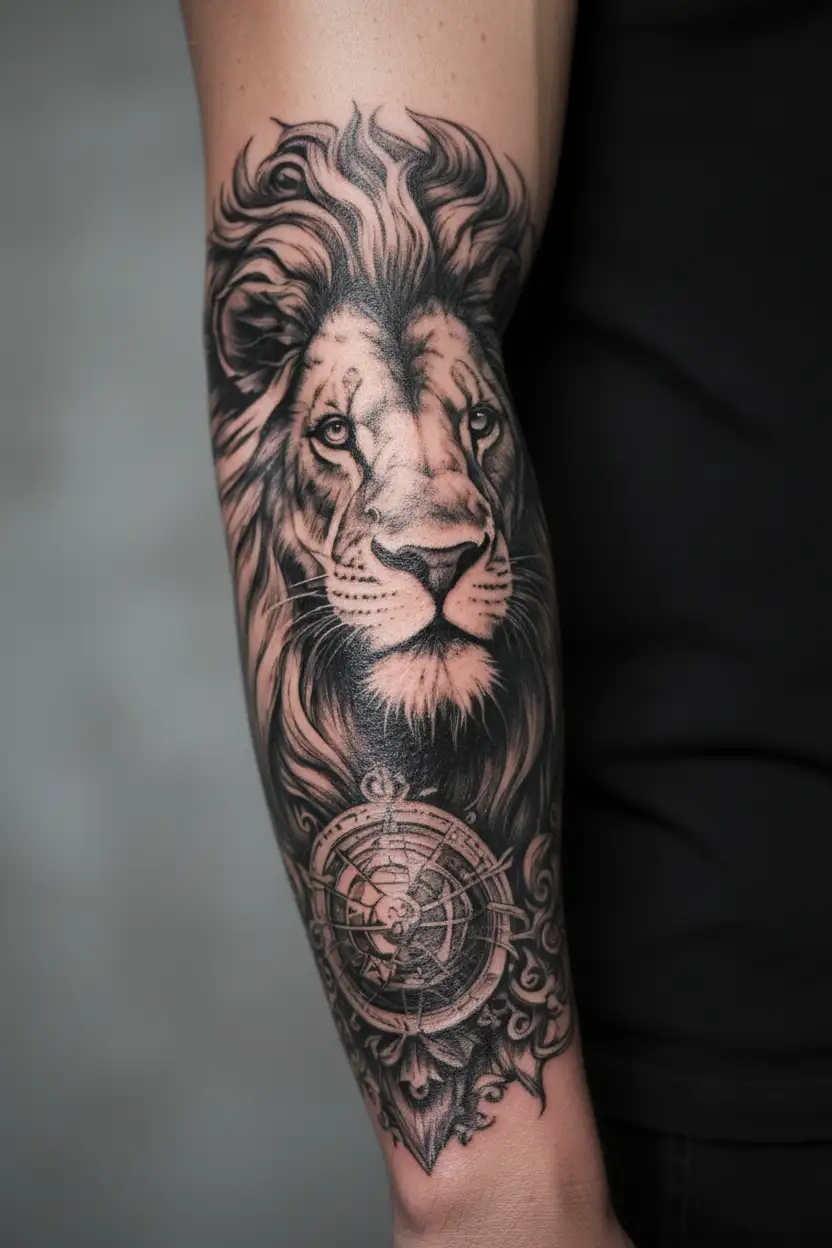 lion Atlas with human body holding up the world tattoo design idea