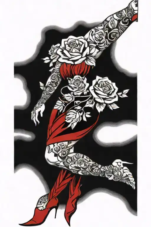leg sleeve tattoo combining  roses, praying hands, sweets, dancing, red dress, conway twitty, indians tattoo design idea