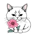 black and white persian cat line sketch  playing with pink flower using paws . tattoo design idea