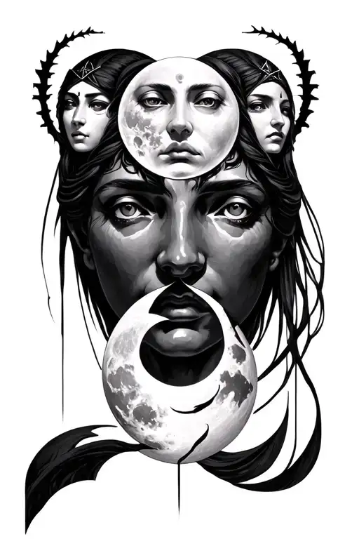 the 3 faced goddess Hekate showing young middle age and old, holding the moon in various phases tattoo design idea