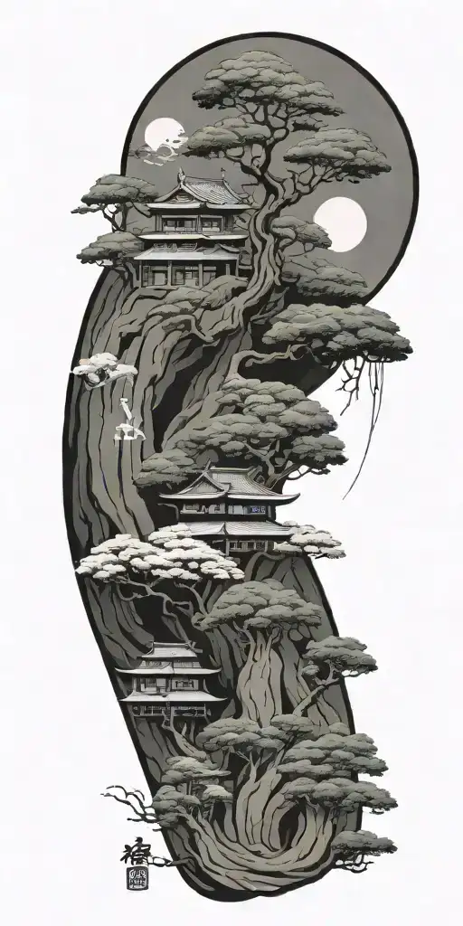 budism symbols that are uncommon. focus on nature, scenery and being grounded while on a spiritual journey tattoo design idea