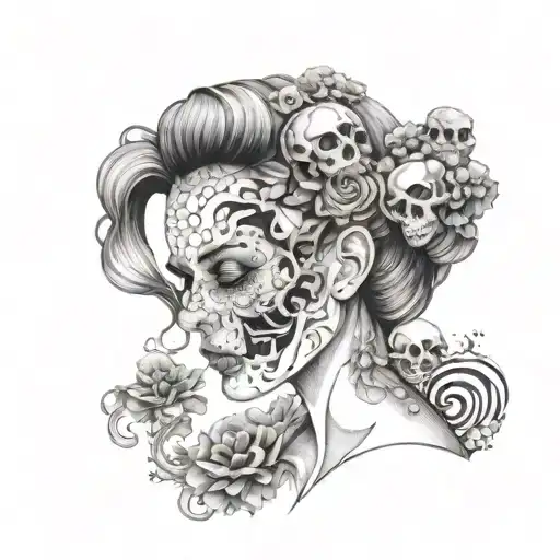 A woman's face morphing into a skull, surrounded by swirling smoke and pills tattoo design idea