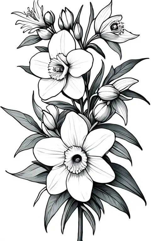 Larkspur and narcissus flowers intertwined tattoo design idea
