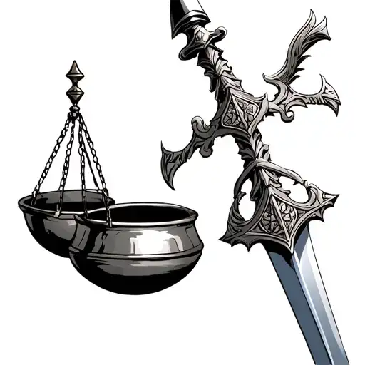The scales of justice, but with the master sword from the legend of zelda. where the hilt is holding the bowls tattoo design idea