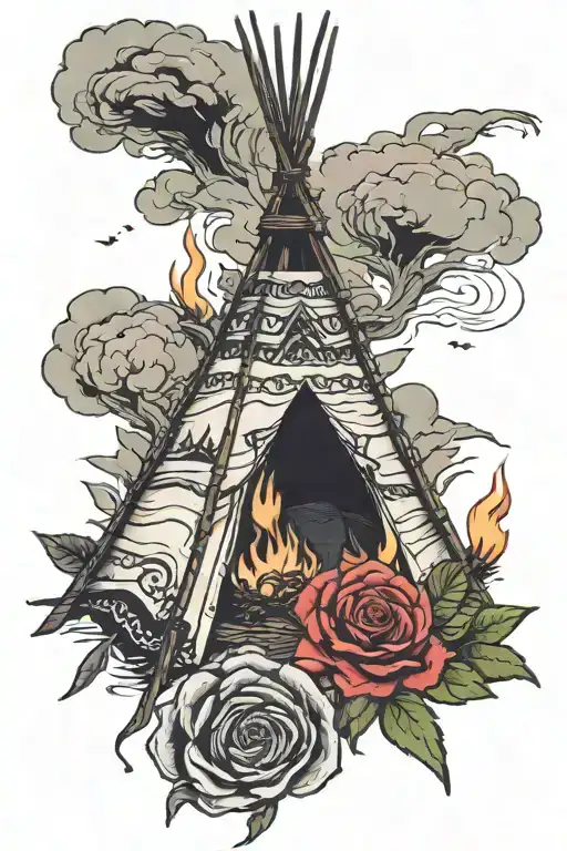 teepee, wild west, fire, rose tattoo design idea