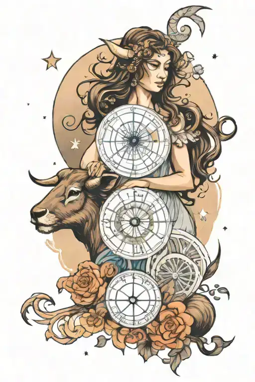 ethereal astrology with leo and taurus zodiac signs and a moon  tattoo design idea