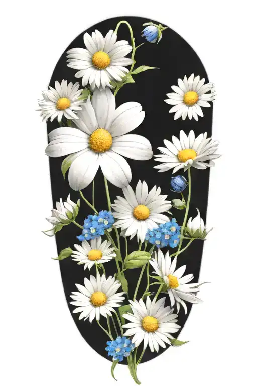 an intricate boquet of white daisys, blue cosmos flowers, and a lot of space between the flowers  tattoo design idea