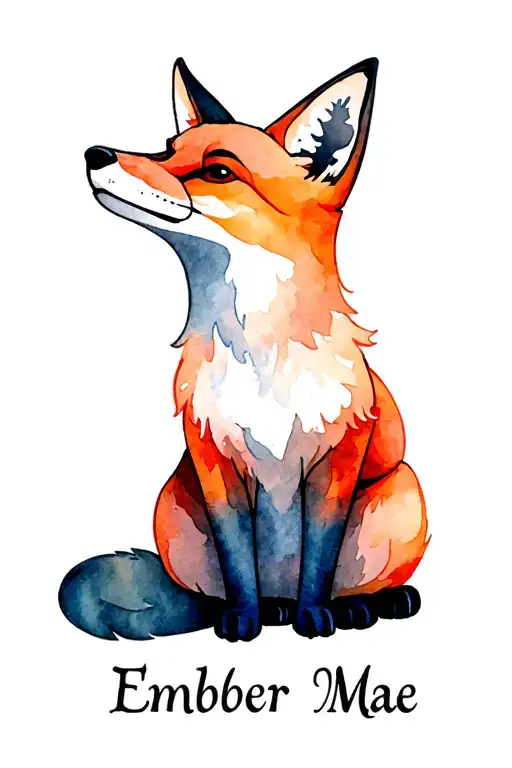 Fox sitting looking up with name 'Ember Mae' under it in fancy font tattoo design idea