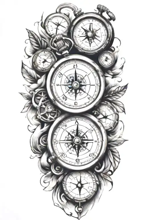 stopwatch and compass  surrounded tattoo design idea