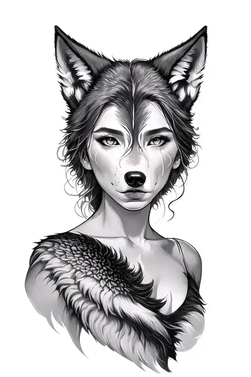 woman face morphing to wolf tattoo design idea