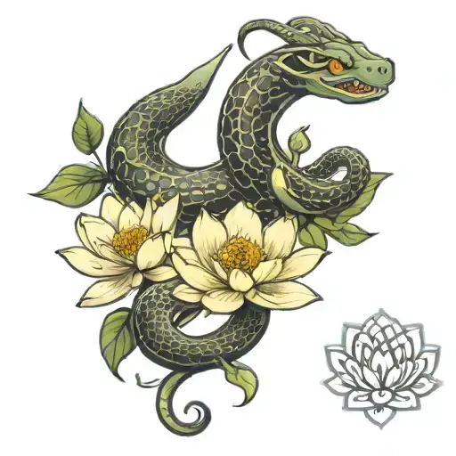 moon snake lotus flower blooming tattoo design idea