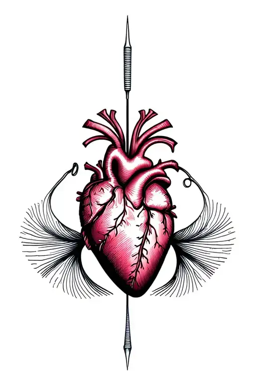 Silk heart with needle and thread sewing it together tattoo design idea
