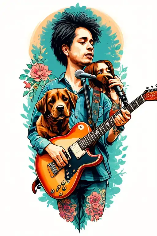 A leftist punk rock guitarist and singer with a tattoo of their niece and dog on their arm tattoo design idea