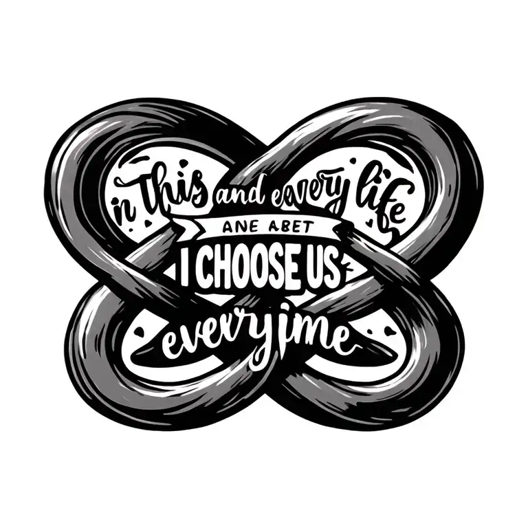 a love knot around the phrase "In this and every life, I choose us everytime". tattoo design idea