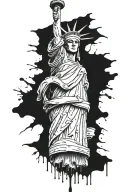 The Statue of Liberty covers its face with bloody handcuffed hands against the background of Moscow tattoo design idea