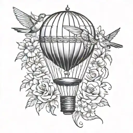 hot air balloon with hummingbirds and flowers intertwined tattoo design idea