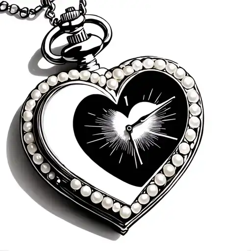 Heart-shaped pocket watch with a white pearl trim, pointing to midnight . tattoo design idea