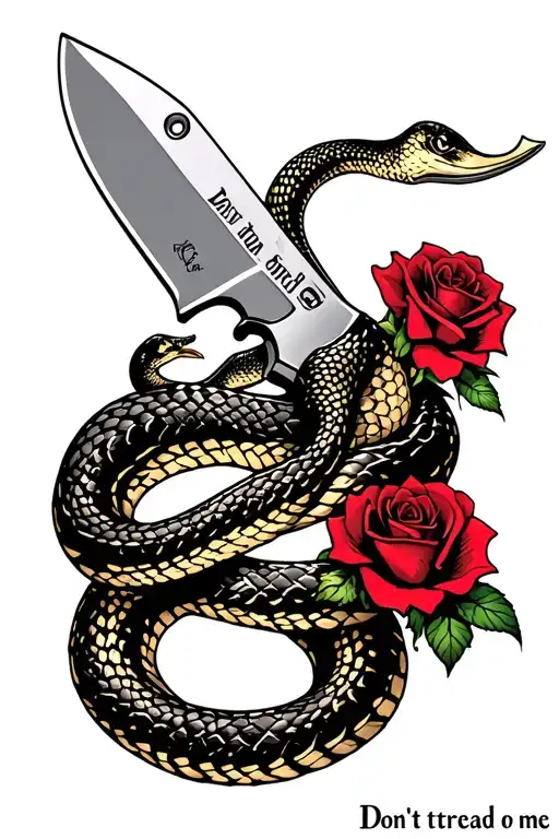 ka-bar knife with don't tread on me snake coiled and roses  tattoo design idea