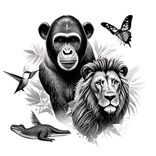 collage tattoo with a monkey, zebra, alligator, lion, bear, hummingbird and a small butterfly  tattoo design idea