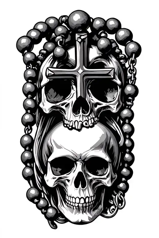 skull bead rosary with cross surrounded tattoo design idea