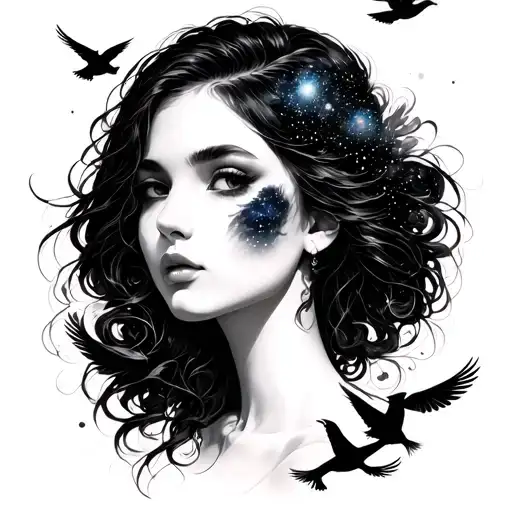 Galaxy Black And White feminine include 5 birds flying towards tattoo design idea