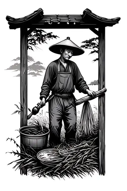 Chinese farmer working in the field tattoo design idea