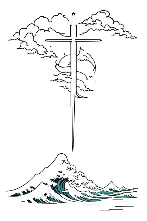 christian cross above the great japanese wave tattoo design idea