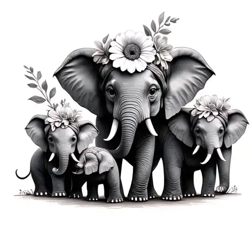 mom and 4 baby elephants with flower with flower head wraps tattoo design idea