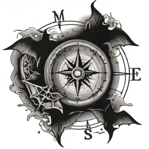 compass with small bats flying around it tattoo design idea