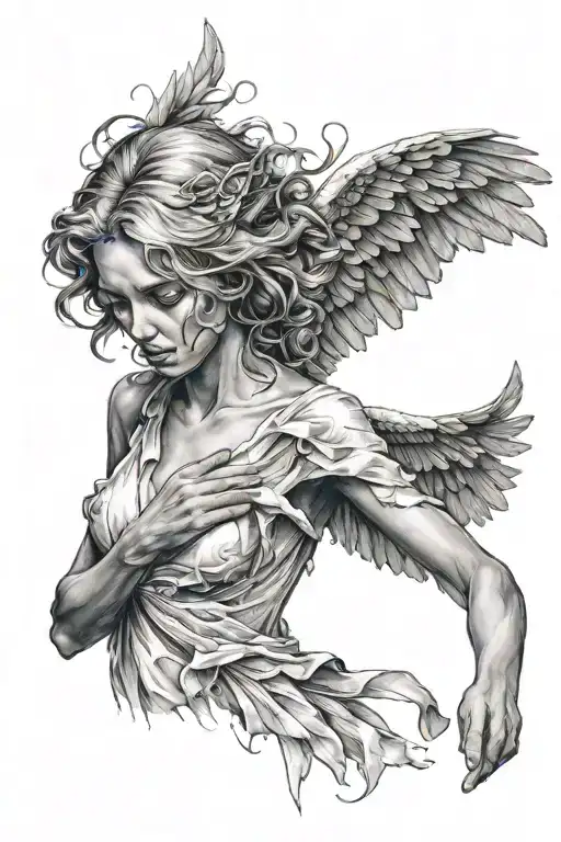 an angel with broken wings, holding her face falling apart tattoo design idea