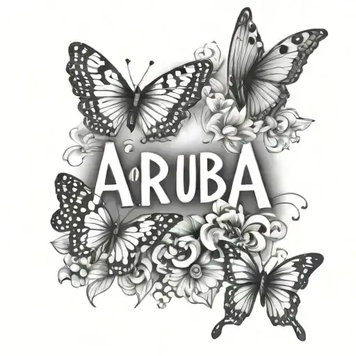 word Aruba with butterflies and sun  tattoo design idea