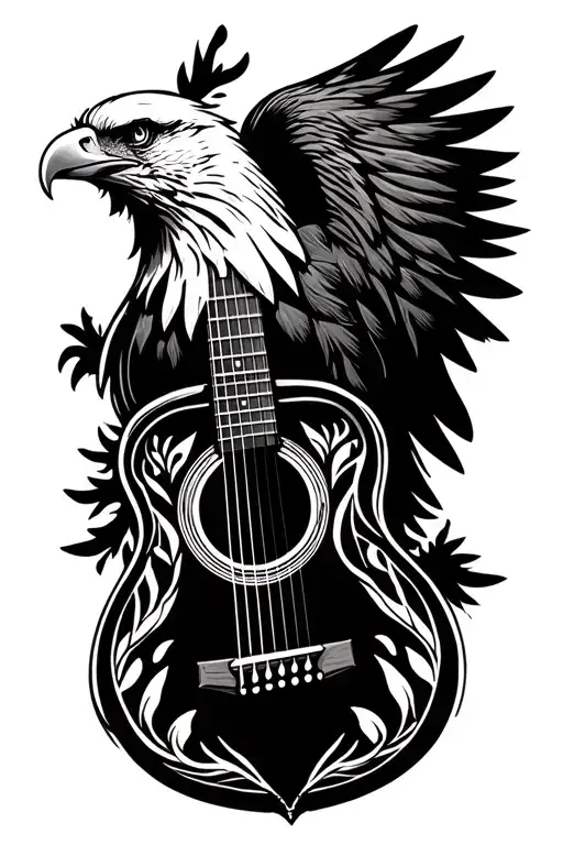 accoustic guitar, bald eagle, log cabin tattoo design idea