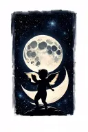 waxing gibbous moon with one tiny cherub baby silhouette in the galaxy tattoo design idea