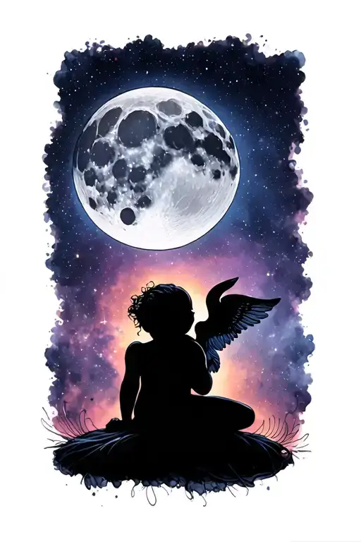 waxing gibbous moon with one tiny cherub baby silhouette in the galaxy tattoo design idea