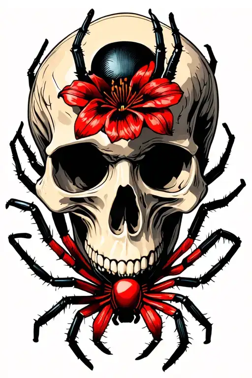 skull with black widow spider crawling arcoss it with red spider lilys tattoo design idea