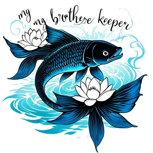 Black and blue Koi fish swimming upstream with  Lotus flowers and cursive font style, my brothe keeper tattoo design idea
