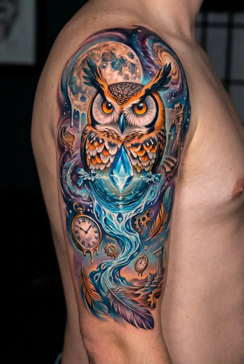 owl white teardrop falling with a reflection in it bright moonlight and healing crystals luminescent colors  tattoo design idea