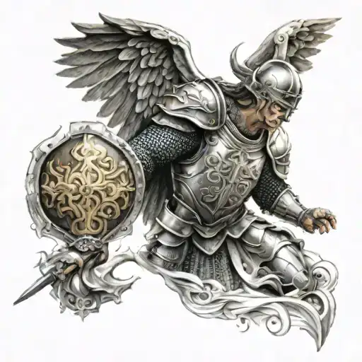 Left arm tattoo sleeve of plated armour with St Micheal on the shoulder and the battle of heaven on the inner arm  tattoo design idea